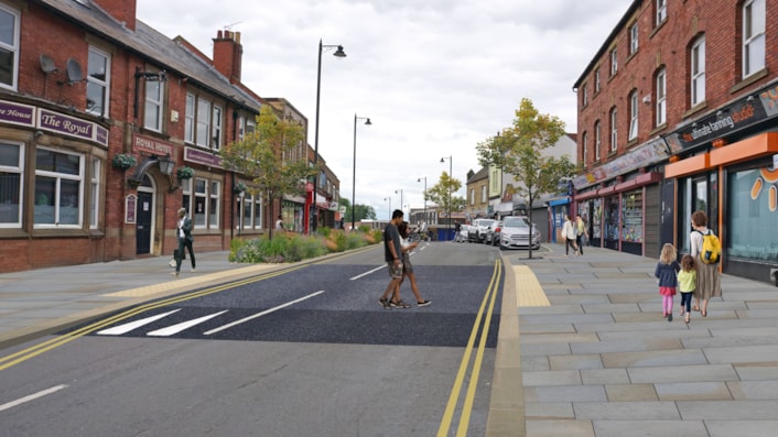 Armley Town Street: Highway proposals aim to improve public transport and active travel journeys: Armley Town Street - Gelder Road junction visualisation