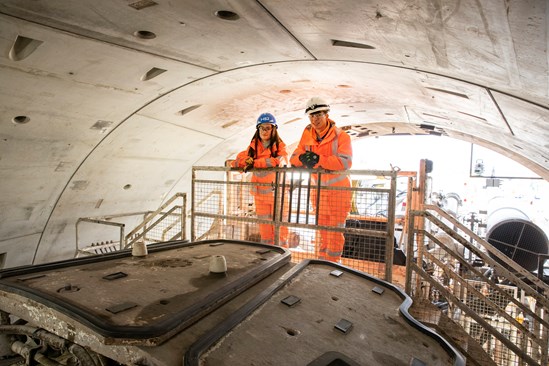 Long Itchington Wood Tunnel, November 2022: HS2 apprentices Leah Hickman and Jake Flood at TBM Dorothy's second launch.