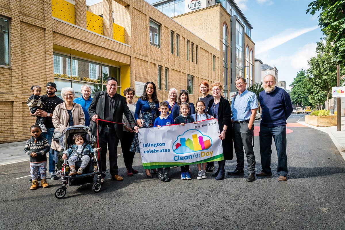 Children and local residents join local councillors and campaigners for the launch of Moreland Street on Clean Air Day 2019