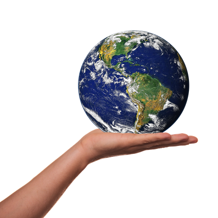 Image of a hand holding up the globe, on the palm of the hand. Copyright free image.
