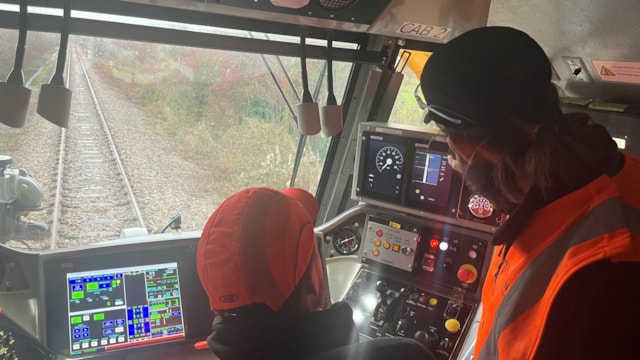 Loram fits in-cab signalling to second NR On Track Machine: Grinder cab with ETCS DMI screen