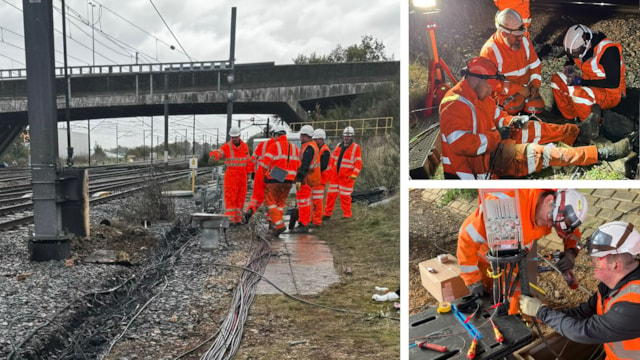 Railway reopens after East Coast Main line cable fire at Stevenage: Composite of teams fixing signalling cabling at Stevenage-2