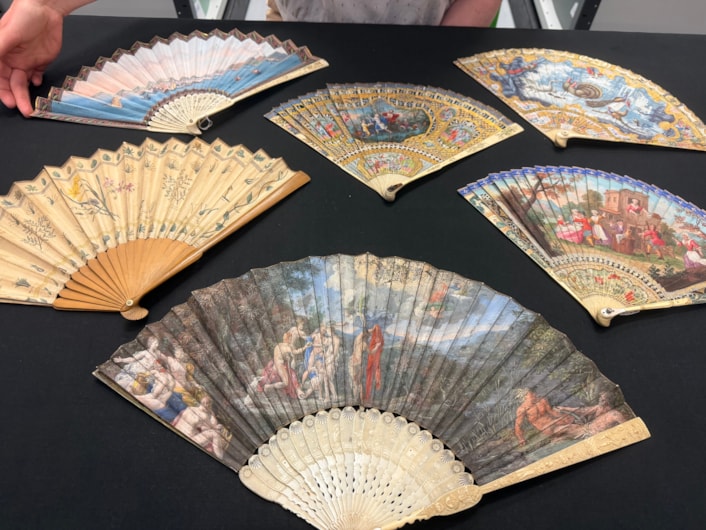 Antique fans: A selection of some of the 400 antique fans cared for at Leeds Discovery Centre.
Mostly dating from the 18th and 19th centuries, many of the fans’ elaborate designs portray scenes of love taken from Greek or Roman mythology, colourful birds or Far Eastern imagery and were once a must-have accompaniment to any lady’s outfit in high society.