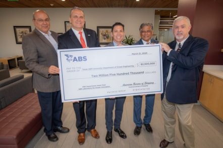 Photo Caption (left to right): Dr. Dimitris Lagoudas, TAMU; Chuck Kemper, ABS; Dr. John E. Hurtado, TAMU; Dr. Sharath Girimaji, TAMU; Dr. Kevin McSweeney, ABS (Photo Courtesy Texas A&M Engineering Com