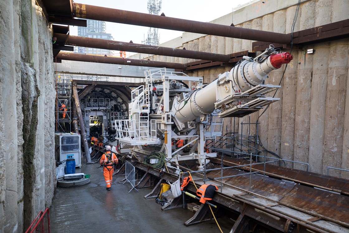 Assembly of HS2 TBM 'Lydia' at Atlas Road, London.: Engineers from HS2's contractor, Skanska Costain STRABAG JV assemble the 847 tonnes tunnel boring machine (TBM). Parts of the TBM were previously used on London's Crossrail project and have been refurbished for HS2. 

The logistics tunnel will support the construction of the HS2 twin-bored running tunnel - the Euston tunnel - between Old Oak Common and Euston station. 

Tags: TBM, Segments, Construction, Stations, Tunneling, Logistics