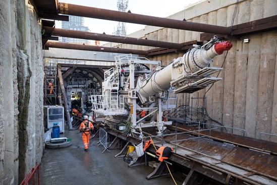 Assembly of HS2 TBM 'Lydia' at Atlas Road, London.: Engineers from HS2's contractor, Skanska Costain STRABAG JV assemble the 847 tonnes tunnel boring machine (TBM). Parts of the TBM were previously used on London's Crossrail project and have been refurbished for HS2. 

The logistics tunnel will support the construction of the HS2 twin-bored running t