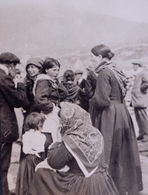 st kilda best clothes: St Kildan women, dressed in their best clothes for the benefit of visitors off the SS ‘Hebrides’, c1913
National Records of Scotland, GD1/713/1