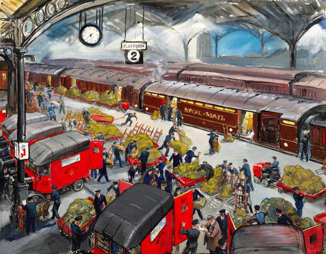 Image credit: The Higgins Bedford; Euston Station Loading the Travelling Post Office by Grace Lydia Golden (1904–1993). © Royal Mail Group Ltd. Image credit The Postal Museum