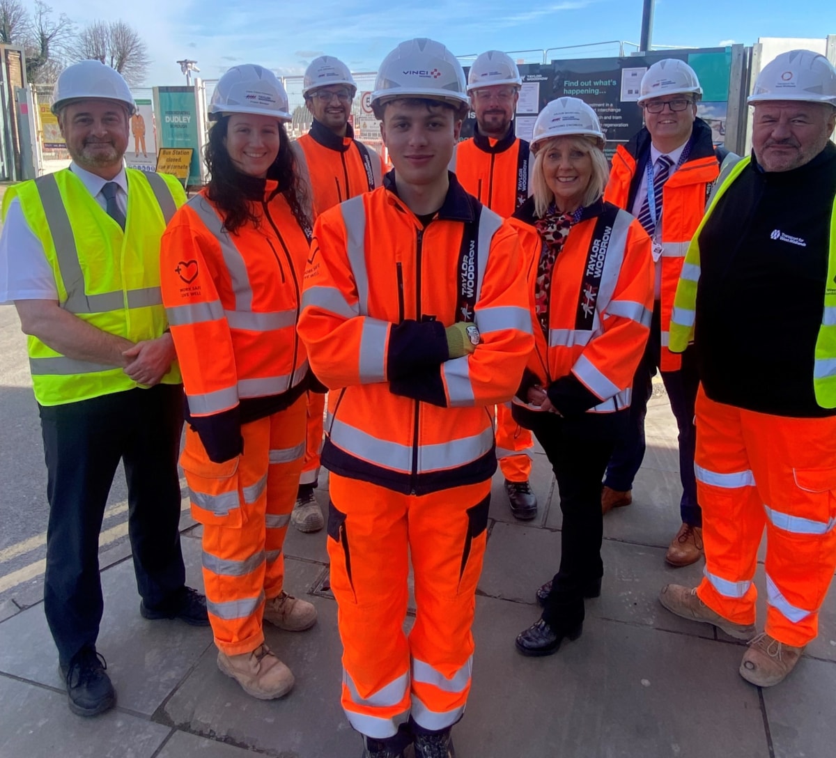 L to R: Councillor Paul Bradley, deputy leader at Dudley Council, Chloe Foster-Chambers, Taylor Woodrow project manager, Indie Mann, site manager at Taylor Woodrow, Apprentice Hussain Reeves, Matthew Peniket, senior public liaison and social value coordinator at Taylor Woodrow, Julie Tibbetts, emplo