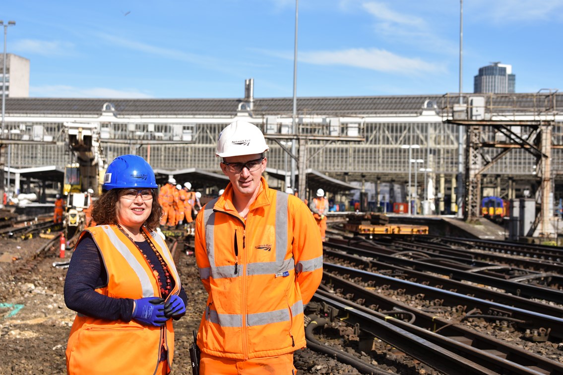 Leonie Cooper, assembly member for Merton and Wandsworth, speaks with Network Rail staff on track at Waterloo