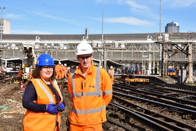 Leonie Cooper, assembly member for Merton and Wandsworth, speaks with Network Rail staff on track at Waterloo