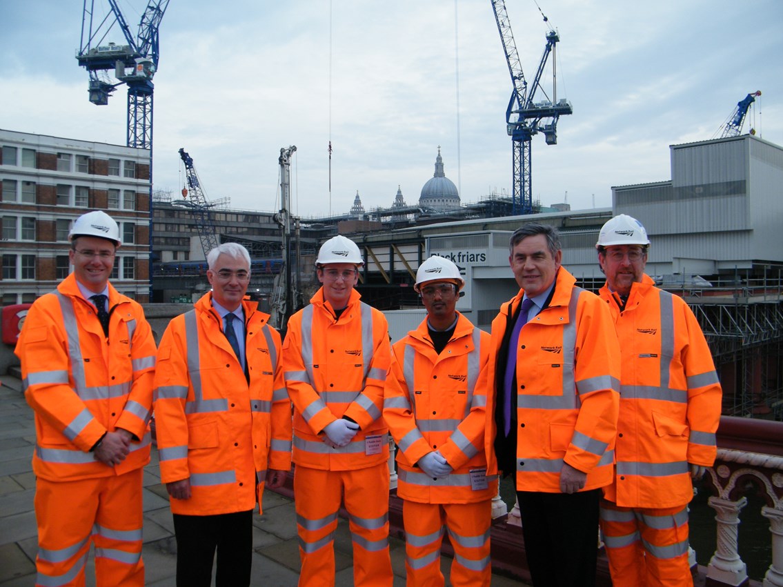 Apprentices take centre stage for Blackfriars visit: Ahead of the budget on 24 March 2010, the Chancellor of the Exchequer and the Prime Minister visited Network Rail's Blackfriars redevelopment project, part of the £5.5bn Thameslink upgrade.<br /><br />From left to right: Simon Kirby, Network Rail infrastructure investment director; Alastair Darling, Chancellor of the Exchequer; Ben Farrow-Stevenson from Aylesbury, Bucks, Network Rail apprentice; Mohammed Rahman from Camden, London, Network Rail apprentice; Gordon Brown, Prime Minister; Jim Crawford, Network Rail major programme director for Thameslink