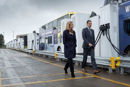 Scotland MD Duncan Cameron with Jenny Gilruth MSP: First Bus Scotland MD Duncan Cameron showcases new EV charging hub at Caledonia Depot to Scottish Minister for Transport, Jenny Gilruth MSP