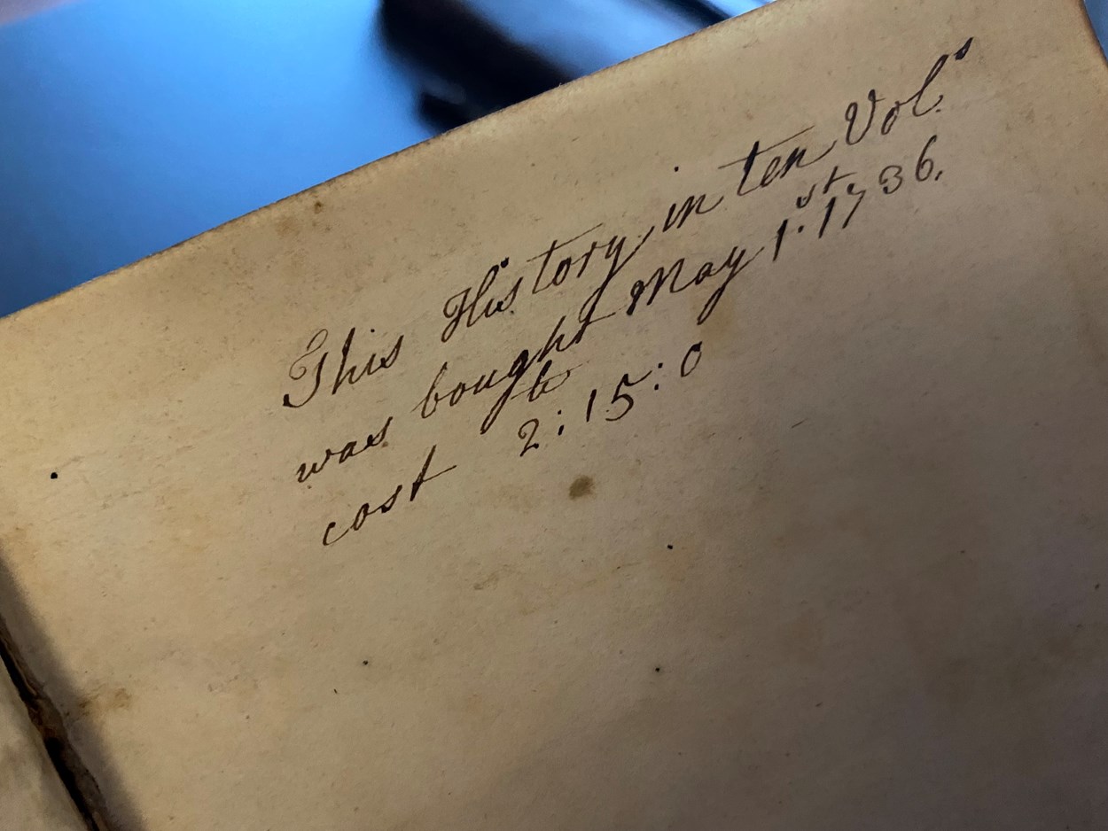 Georgian library: Annotation in a book belonging to former owner of Temple Newsam Hugo Meynell, found inside his detailed History of the Egyptians and Carthaginians which was purchased in 1736.