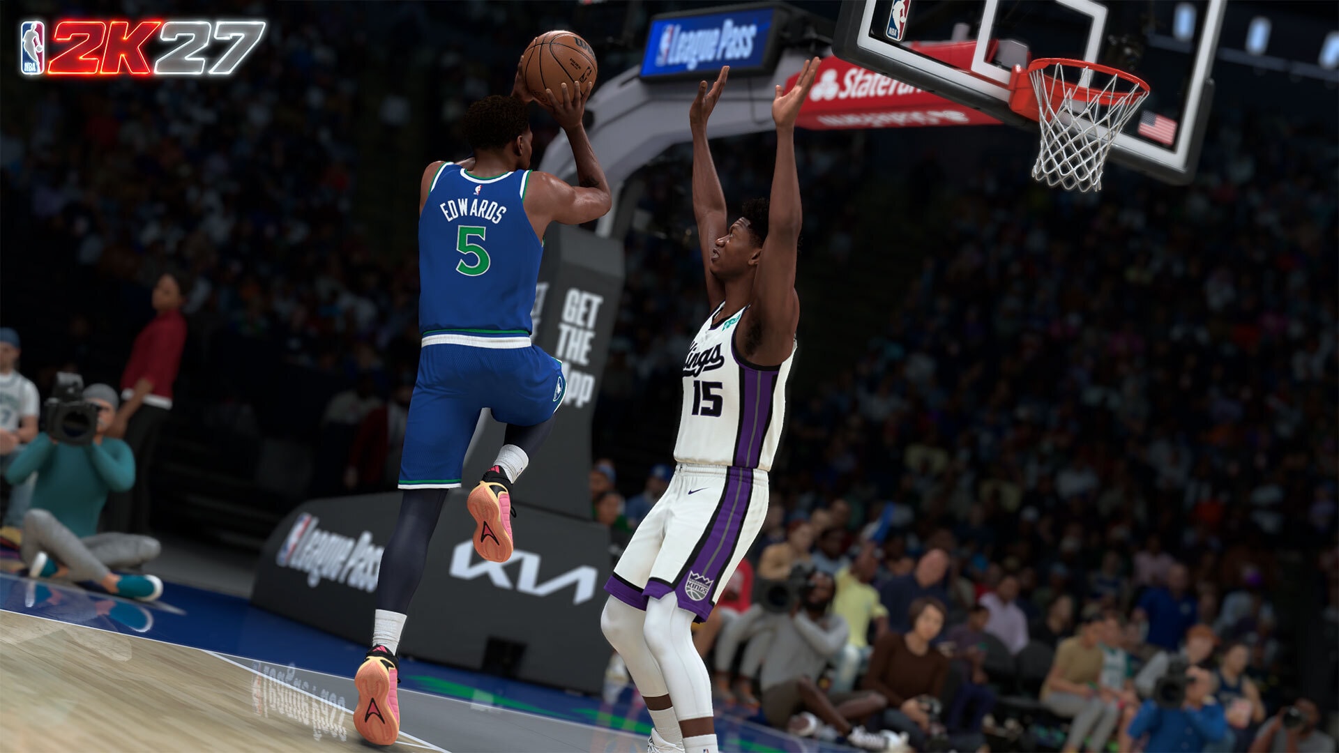 NBA 2K27 screenshot of Anthony Edwards dunking over a Sacramento Kings defender