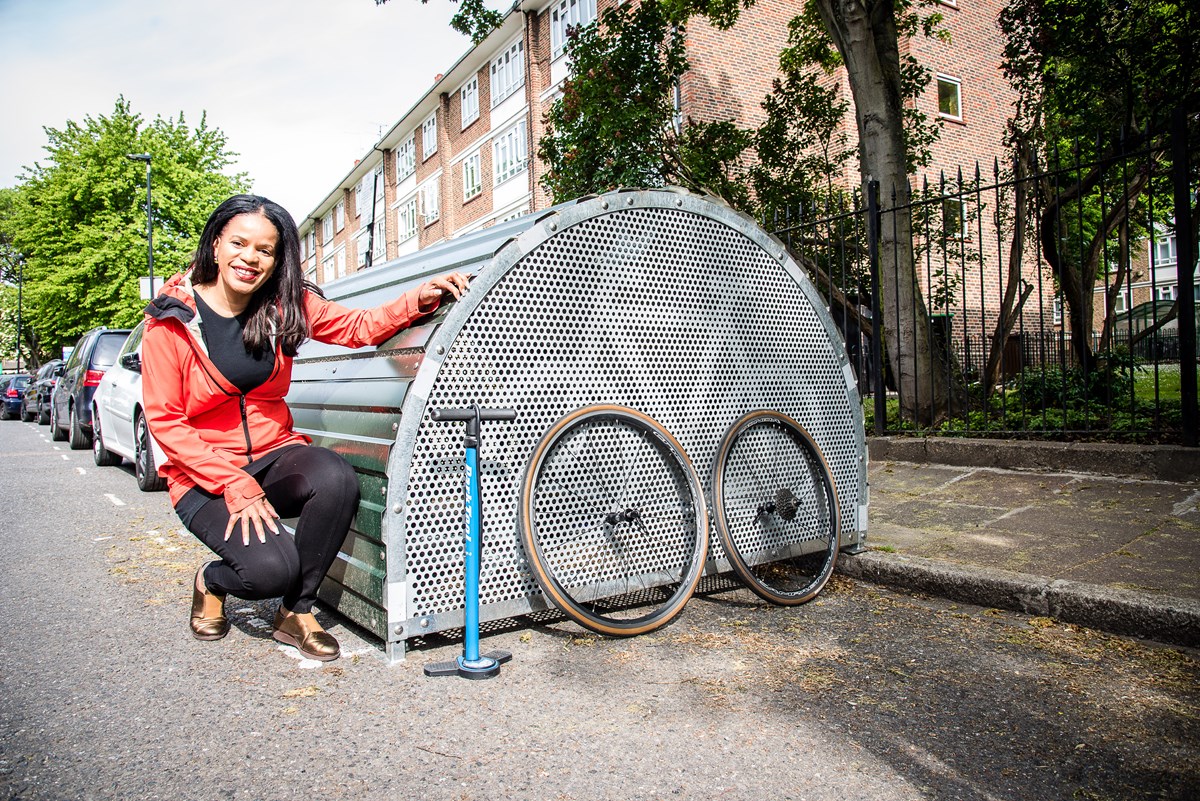 Cllr Claudia Webbe, executive member for environment and transport, celebrating the installation of the 100th on-street Bike Hangar in Islington.