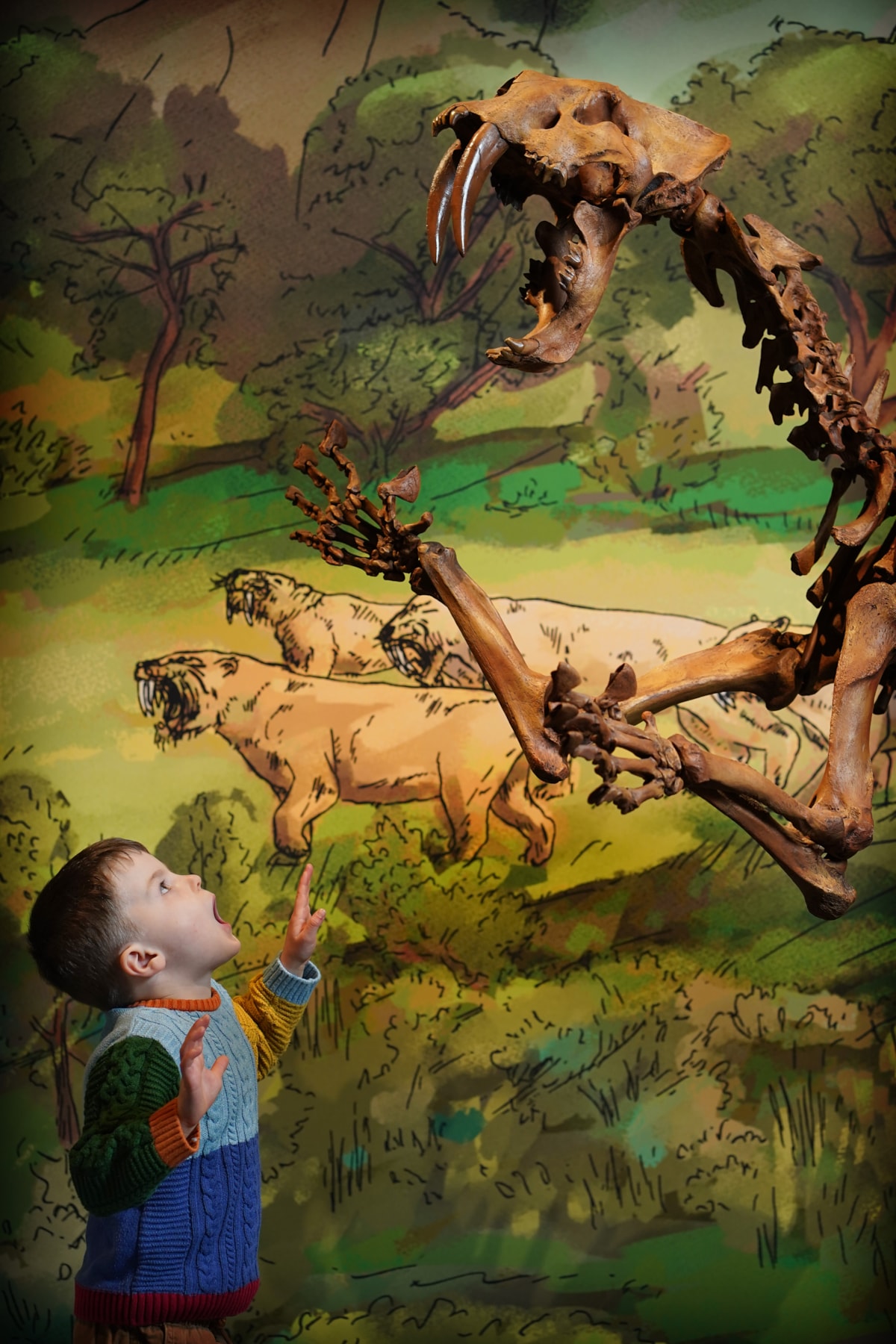 Arlo Cook (5) meets a sabre-toothed cat at the National Museum of Scotland’s exhibition Giants. Photo © Stewart Attwood