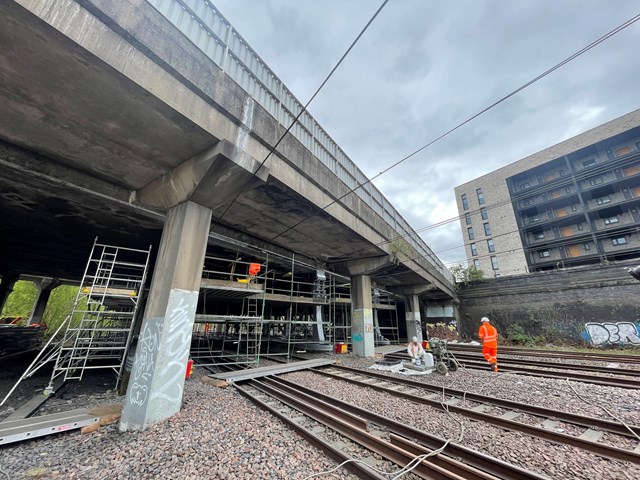 Early May bank holiday works completed: Steel preparation and painting works being undertaken at Cathcart Road, Polmadie. 1