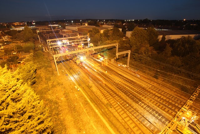 Time-lapse footage shows work to replace overhead wire to reduce delays for rail passengers in Norfolk, Suffolk and Essex: Gidea Park overhead wire project night
