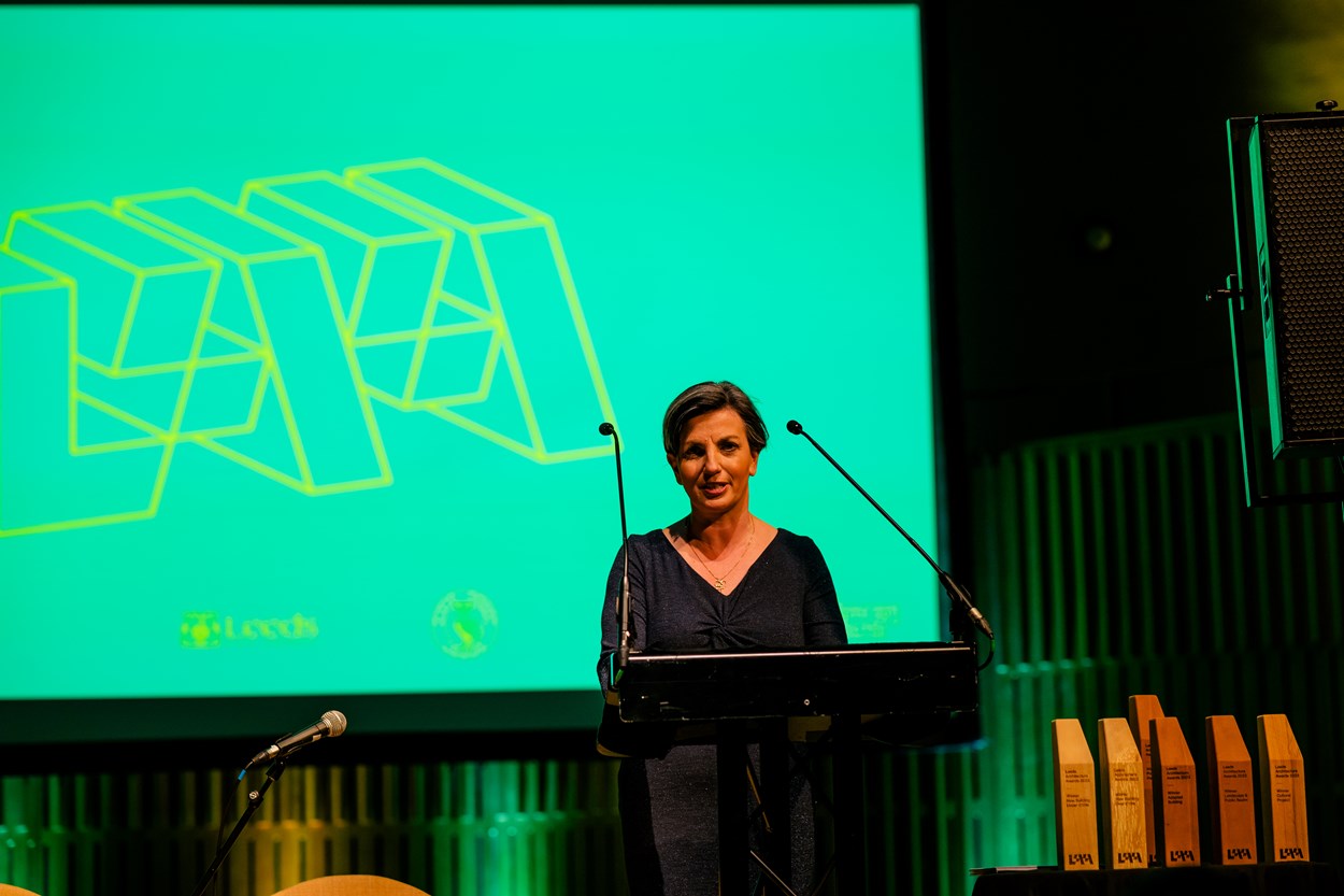 Speech: Councillor Helen Hayden, Leeds City Council’s executive member for sustainable development and infrastructure, gives a speech at the Leeds Architecture Awards. Credit: Paul and Tim Photographers.