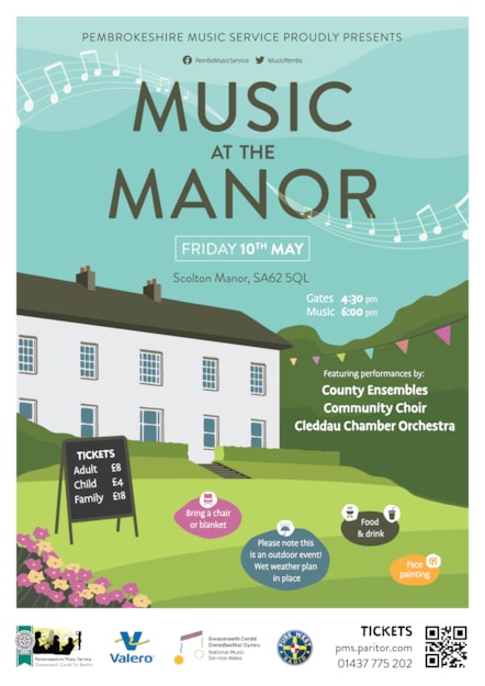 Music at the Manor poster - Cerddoriaeth yn y poster Manor