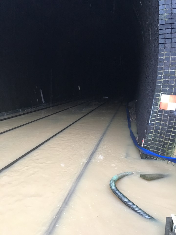 The flooded railway tunnel at Crick on the West Coast main line