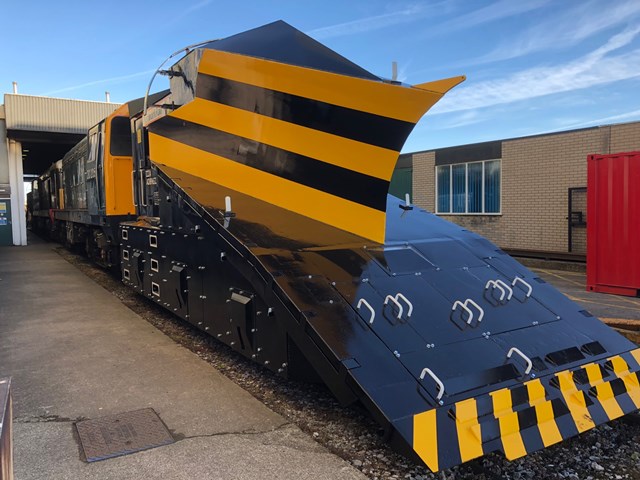 Independent snow plough at Loram UK - 235 with two class 20s headed by 223 ready for test run
