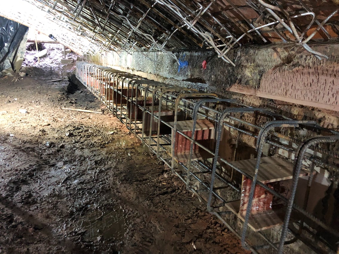 Steel reinforcements under the bridge arch at Petteril Bridge in Carlisle