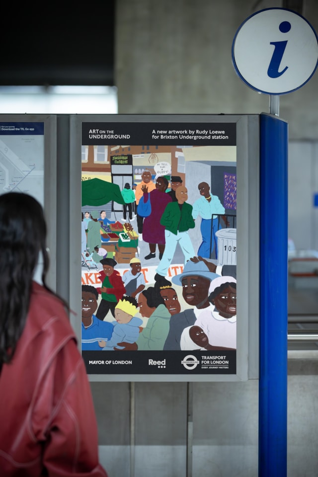 Poster and Leaflet for Rudy Loewe, The Congregation, 2025. Brixton Underground station. Commissioned by Art on the Underground. Photo - Benedict Johnson (2)