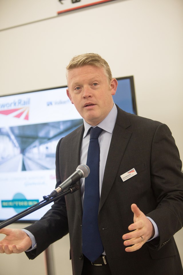 Baroness Kramer opens new platform 7 at Gatwick, unlocking capacity on Brighton Main Line: Network Rail route managing director Tim Robinson at the launch of the new platform 7 at Gatwick