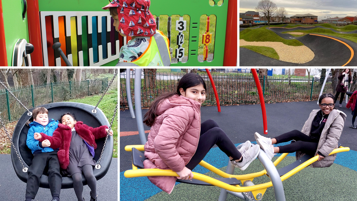 Play investment: The montage shows Cintra play area, Longbarn Lane's  refurbished BMX track, Portman Road play area and ball courts in West Reading