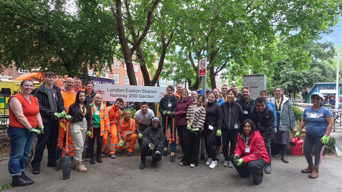 Team Euston refreshes station garden for World Environment Day: London Euston station garden improvements - group shot