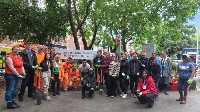 Team Euston refreshes station garden for World Environment Day: London Euston station garden improvements - group shot