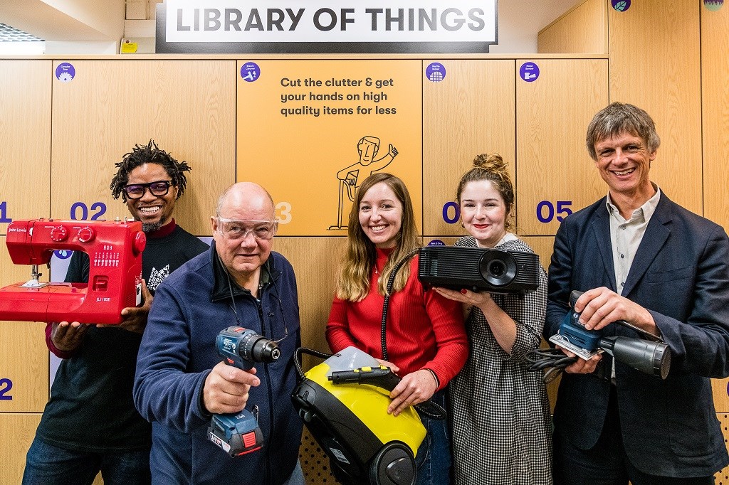 A picture showing some of the items you can borrow from Islington's Library of Things: From left to right: Diye Wariebi (CEO of Bright Sparks Reuse Project), Cllr Gary Heather (Finsbury Park ward councillor), Emma Shaw (Library of Things Co-Founder), Essy Sparrow (Library of Things Community Activator), Matthew Homer (Islington Council's Waste Strategy Manager)