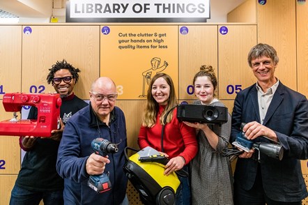 From left to right: Diye Wariebi (CEO of Bright Sparks Reuse Project), Cllr Gary Heather (Finsbury Park ward councillor), Emma Shaw (Library of Things Co-Founder), Essy Sparrow (Library of Things Community Activator), Matthew Homer (Islington Council's Waste Strategy Manager)