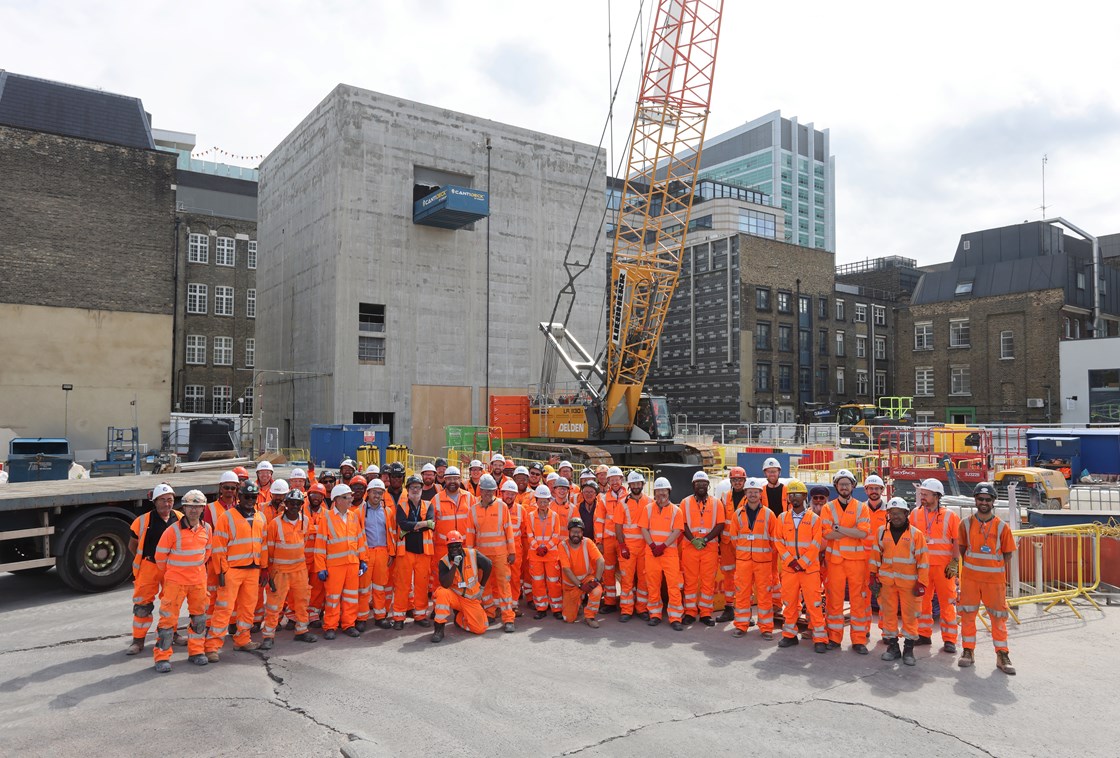 Workforce celebrate the completion of the structure of the Traction Substation for the Northern line at Euston