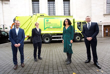 A new retrofitted twin-pack refuse collection vehicle is unveiled to mark the beginning of the Islington Together climate emergency festival: Pictured left to right: Keith Townsend (Islington Council's Corporate Director - Environment); Cllr Rowena Champion (Islington Council's Executive Member for Environment and Transport); Cllr Kaya Comer-Schwartz (Islington Council Leader); Tony Ralph (Islington Council's Director of Environment and Commercial Operations)