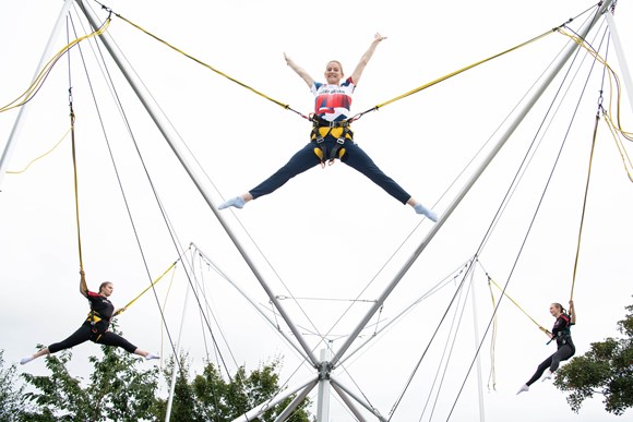 Bryony Page on Bungee Trampolines at Caister-on-Sea with local Dragons Trampoline Club members