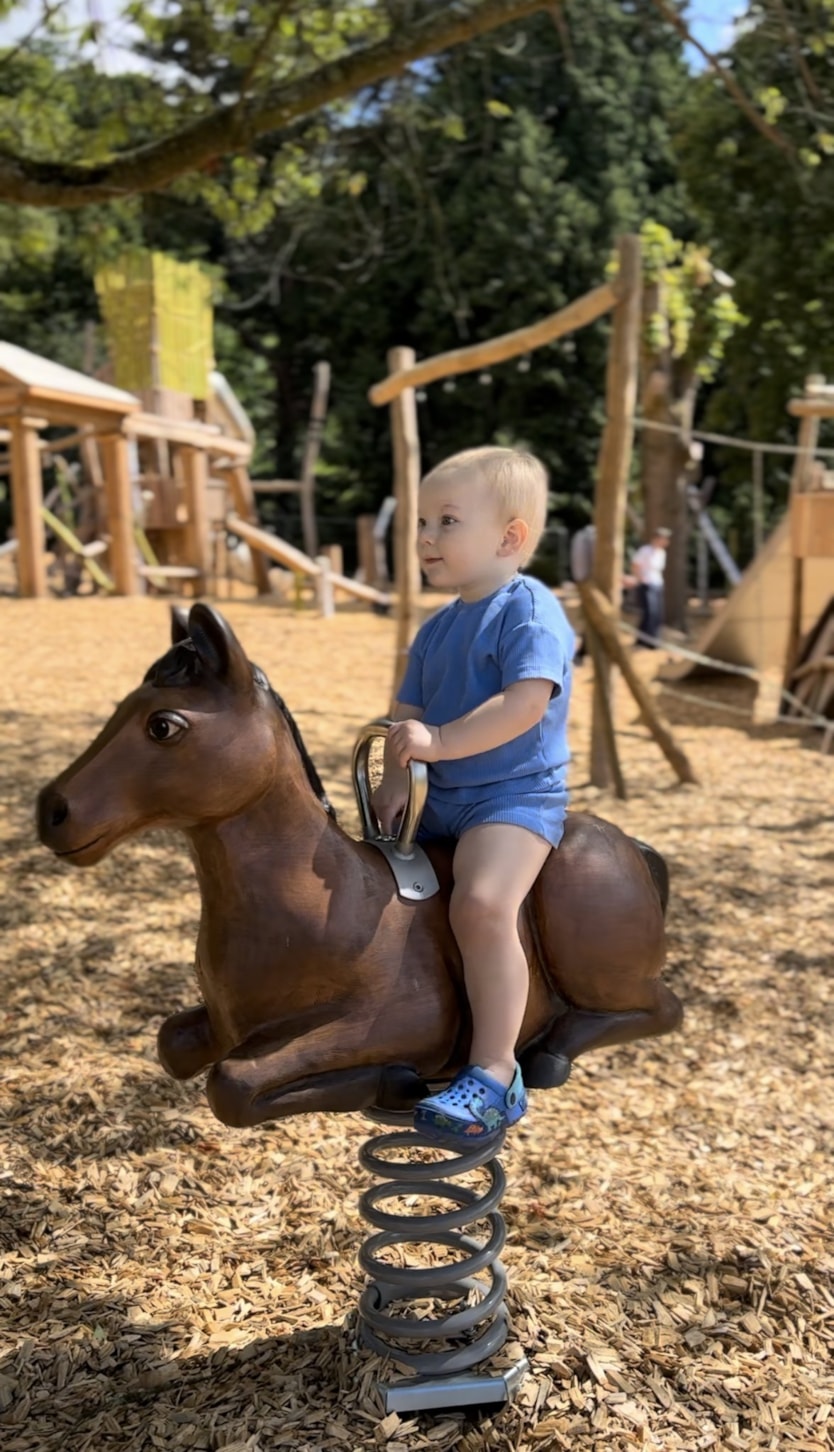 little white boy in blue outfit on play horse