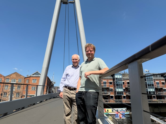 Centenary Bridge: This week, Colin Harris, the bridge’s original designer, visited the site to get an up-close look at their work and reminisce about his role in bringing the project to life. Colin (left) was joined by Paul Ellison, Paul Ellison co-chair of the Quality Spaces and Places and Leeds Waterfront Group, who have supported the project.