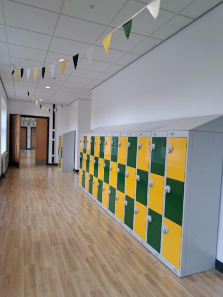 Lockers in one of the new corridors at Lea Community Primary School