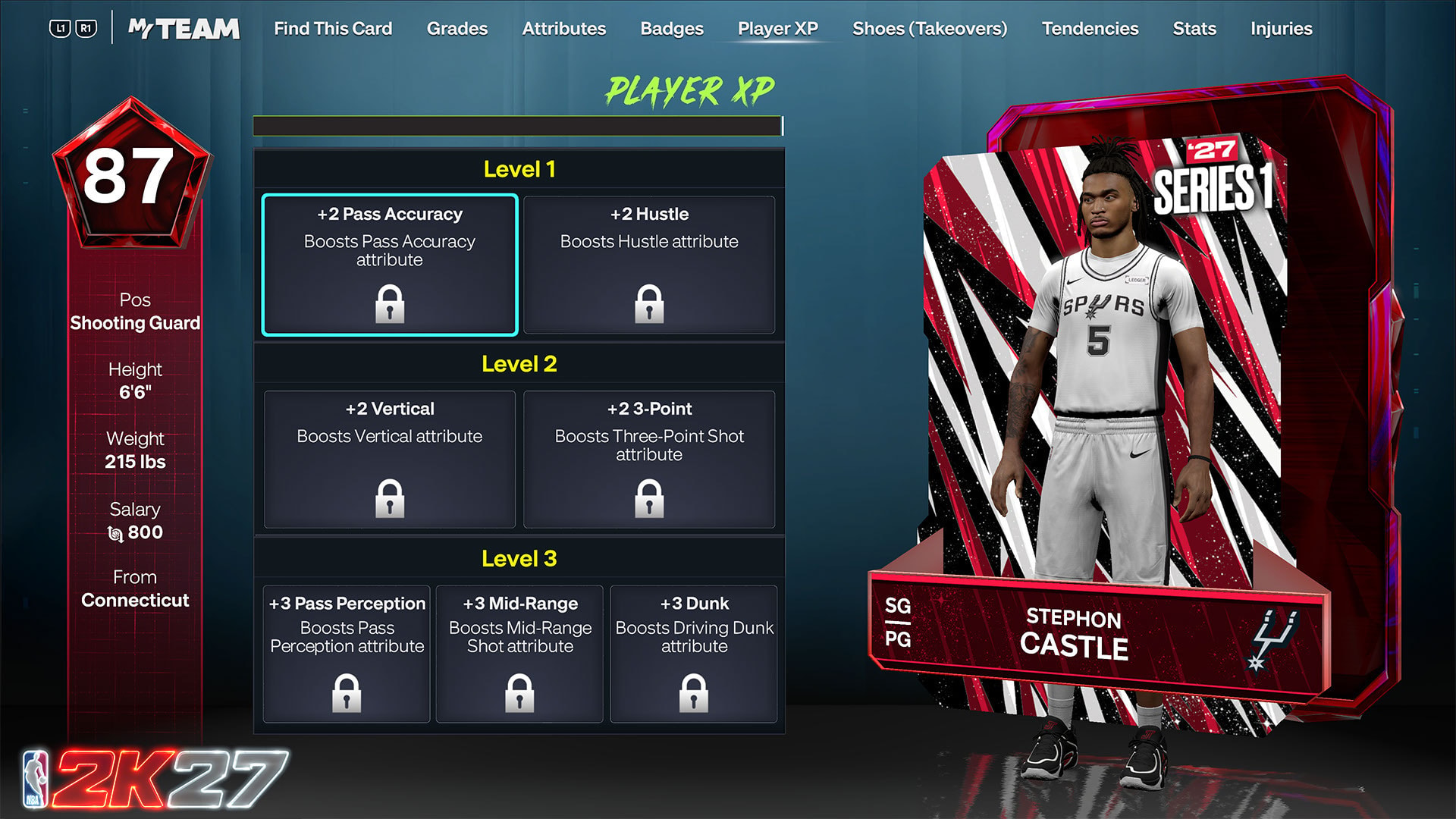 NBA 2K27 MyTEAM Player XP screen showing Stephon Castle's card leveling up through locked attribute boosts