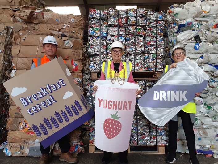 Young people across Leeds urged to get involved with the big recycling hunt, part of Recycle Week 2023: Recycle Week Lord Mayor Garthwaite with Declan Nortcliffe Operations Director at HW Martin with some commonly recycled items (002)