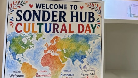A colourful poster with a map of the world and the words Welcome to Sonder Hub Cultural Day and 'Welcome' in multiple languages