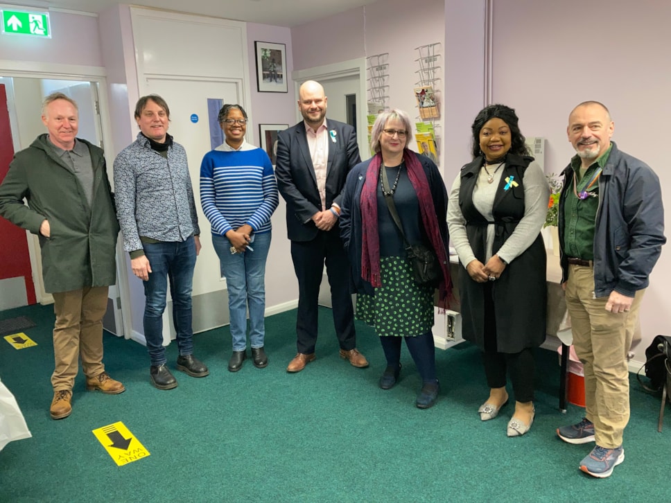 Mayor of Hackney Philip Glanville (middle), councillors and officers , with Day Services Manager at HCEO, Beryl Pusey (third from left)