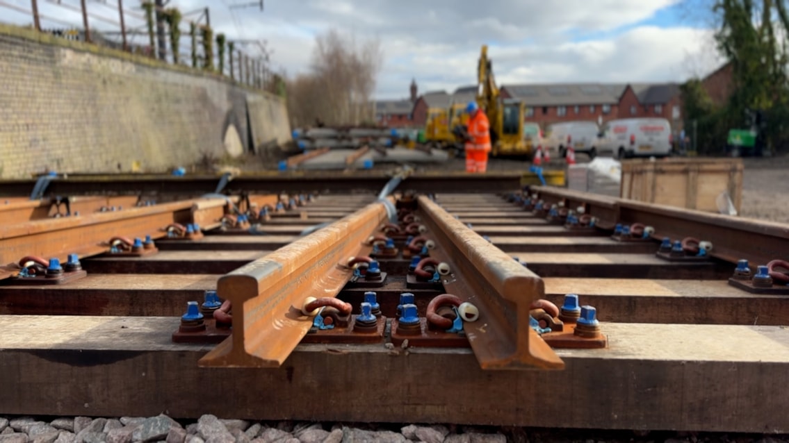 Close of up new track panels before installation at Ardwick Junction