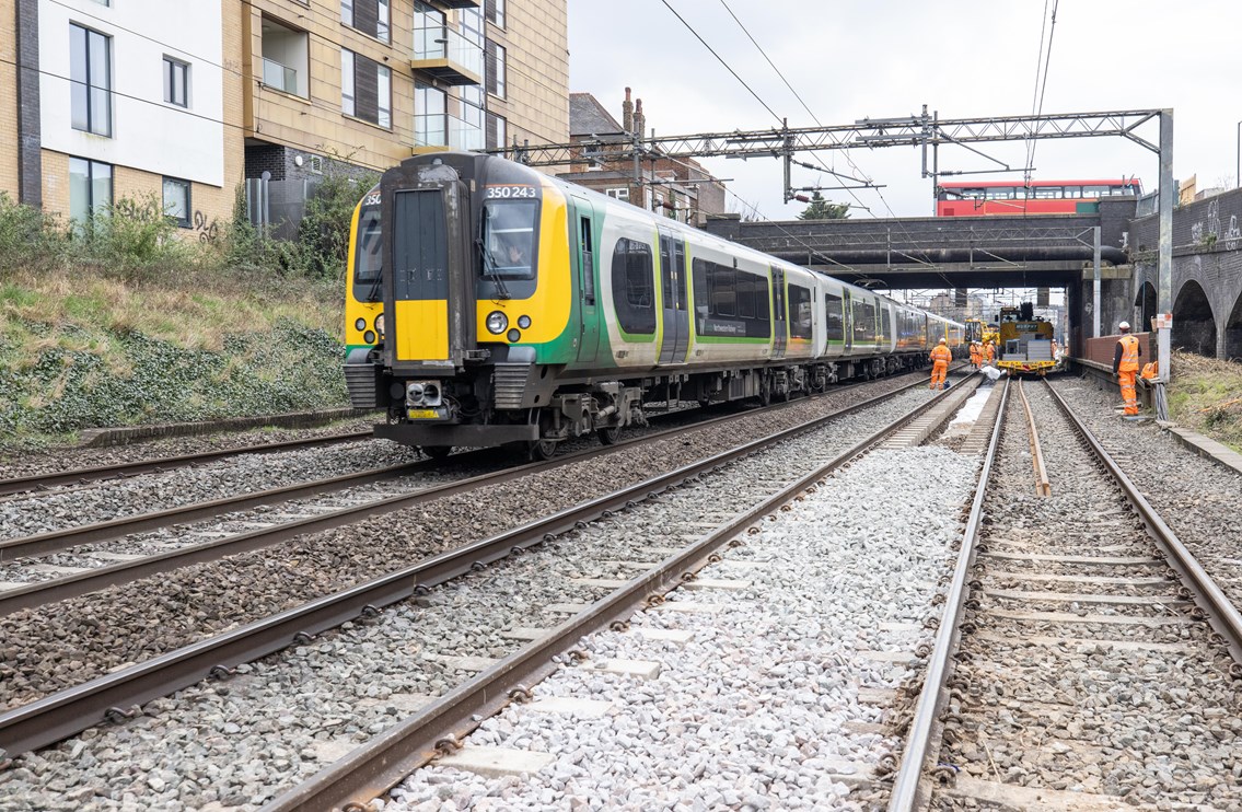 London Northwestern Railway service passing Willesden track upgrade work March 2021