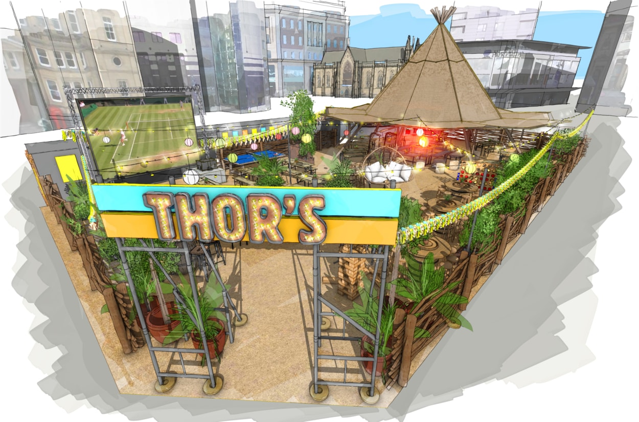 City Square summer: Artist's impression of how the new Thor's Tipi on City Square will look with summer.
The square, which has been transformed by one of the city’s most ambitious ever transport projects, will be the setting for a brand new Thor’s Tipi bar, monthly artisan market and a line-up of family-friendly activities as well a big screen showing some of the season’s biggest sporting highlights.