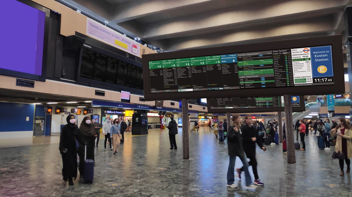 Architect's render of how the new departure boards will look on Euston's concourse