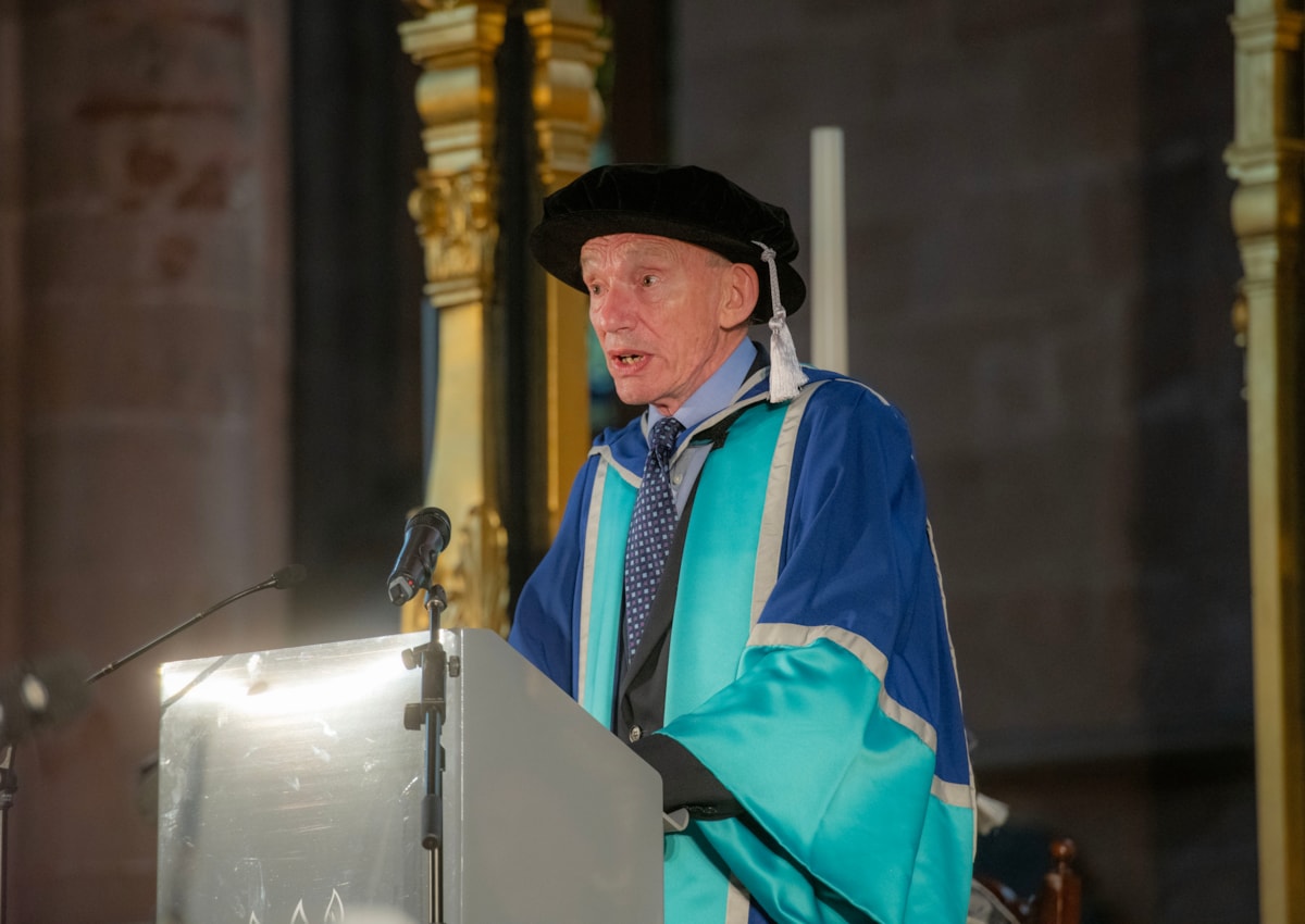 Image of Emeritus Professor John Lee giving address at University of Cumbria Graduation ceremonies - July 2024